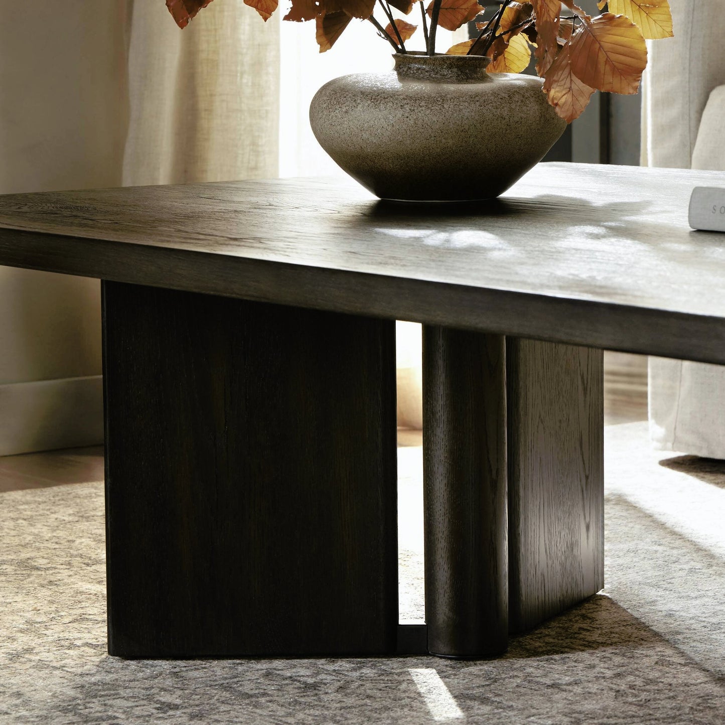 011 SI-2158204 | Closeup | Huxley Coffee Table by Four Hands in smoked black veneer. Made from thick oak veneer, solid oak in a modern style.