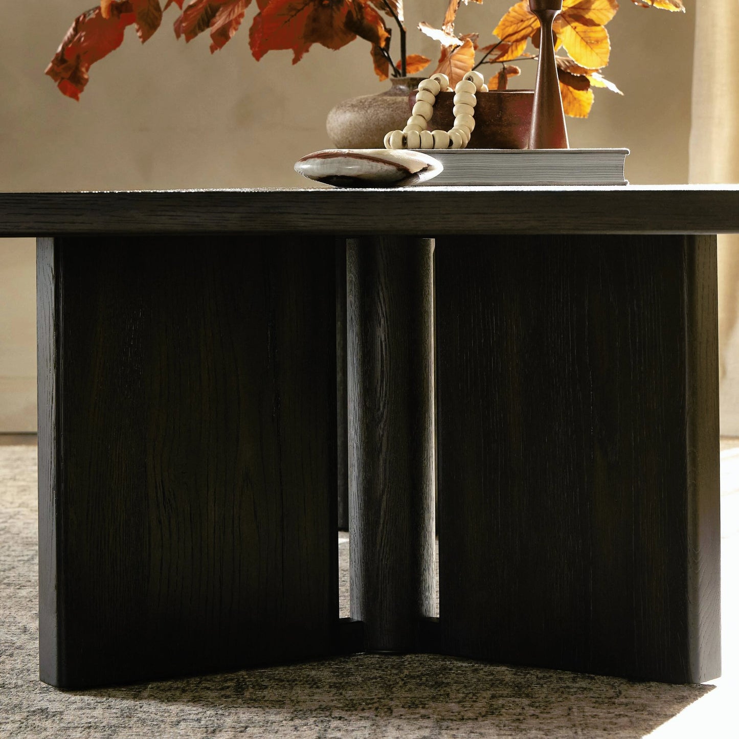 009 SI-2158204 | Closeup | Huxley Coffee Table by Four Hands in smoked black veneer. Made from thick oak veneer, solid oak in a modern style.