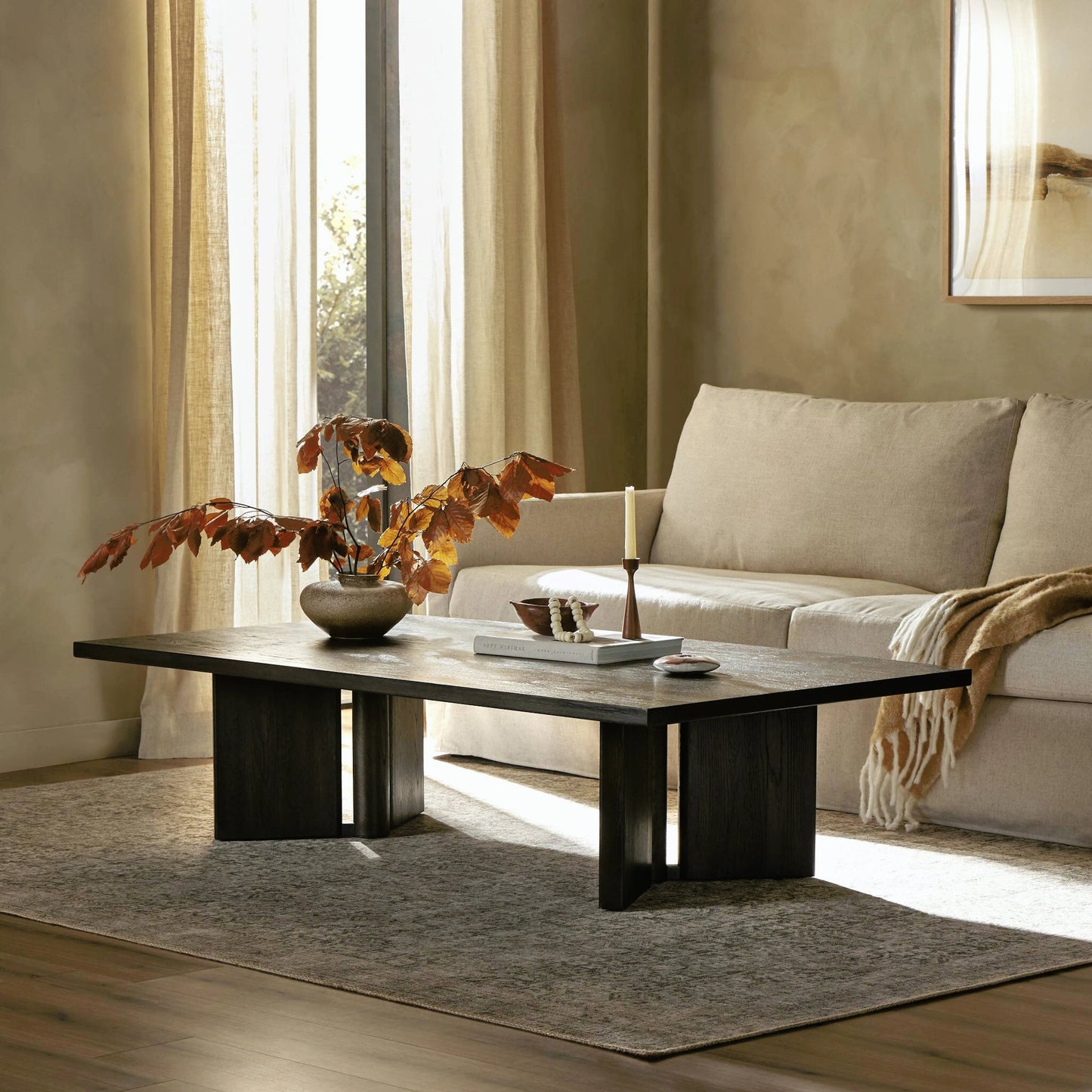 012 SI-2158204 | Lifestyle | Huxley Coffee Table by Four Hands in smoked black veneer. Made from thick oak veneer, solid oak in a modern style.