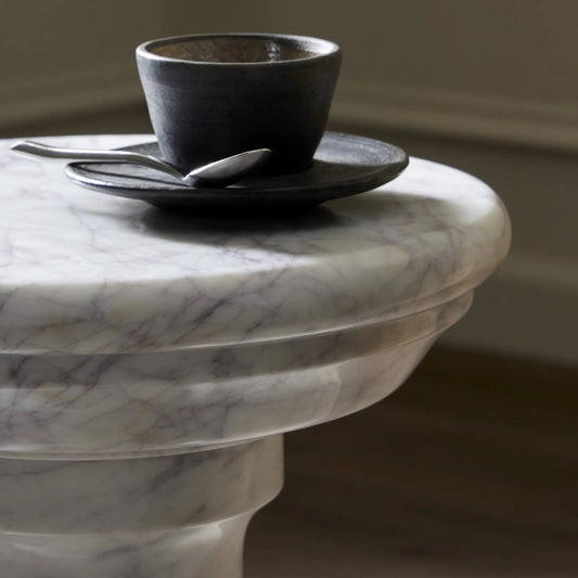 Cyprus End Table by Four Hands in veined white marble solid. Made from solid marble in a modern style.