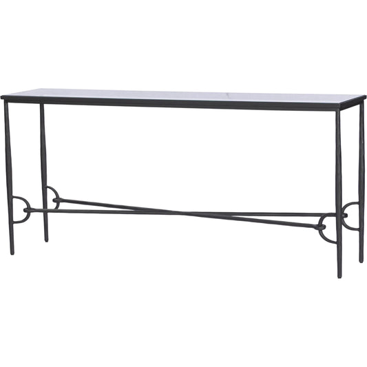 001 SI-2531589 | Primary Silo | Babylon Console Table by Four Hands in tempered glass, hammered gunmetal. Made from tempered glass, iron in a unique style.