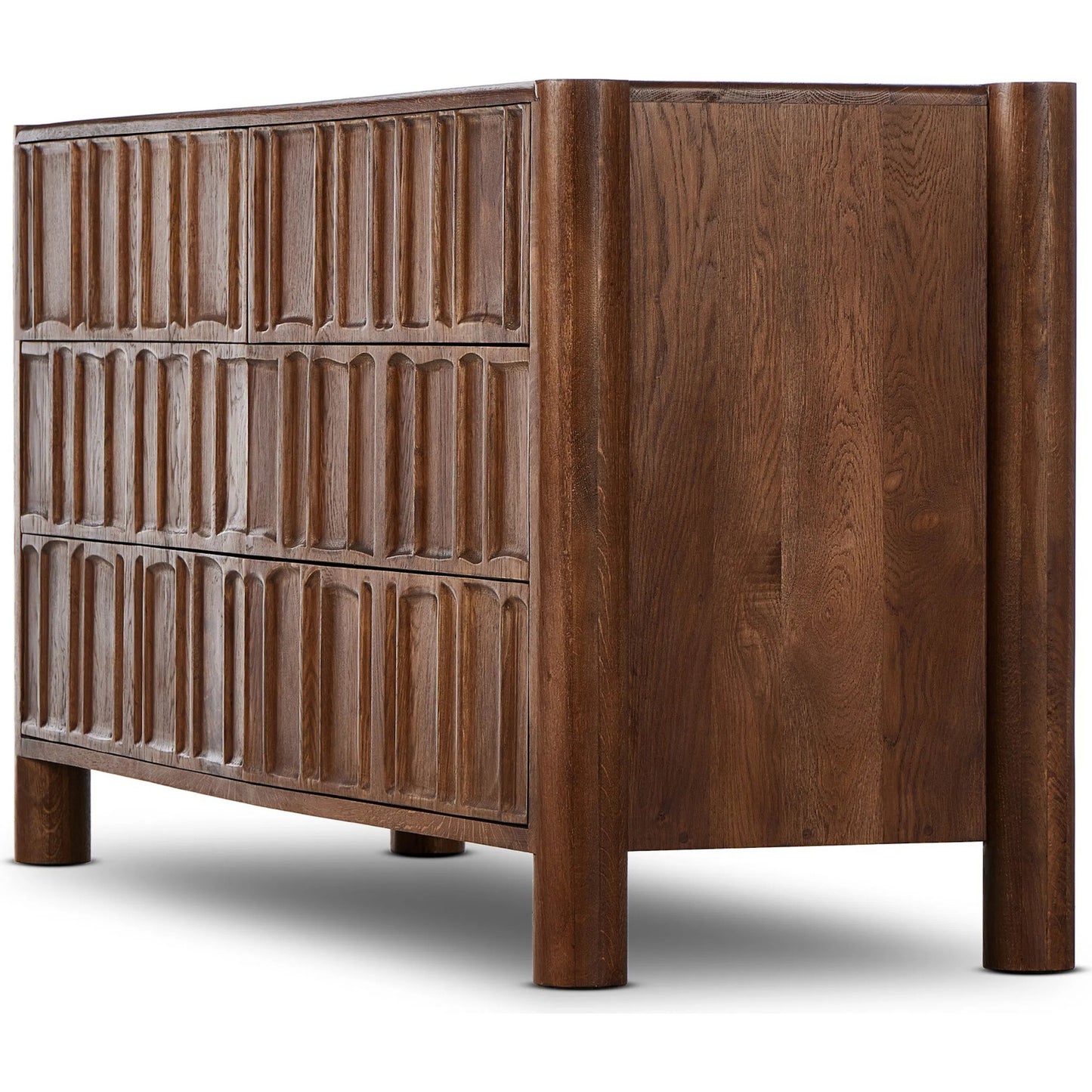 013 SI-2320053 | Closeup | Ezri 6 Drawer Dresser by Four Hands in carved cocoa oak. Made from solid oak in a unique style.