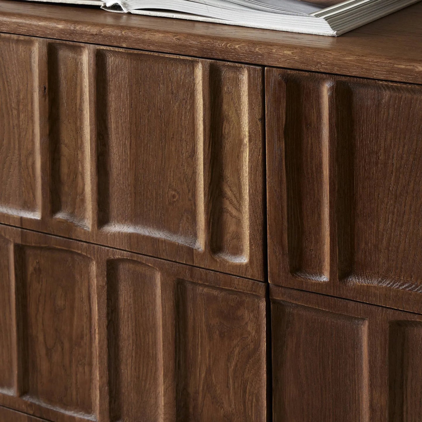 014 SI-2320053 | Closeup | Ezri 6 Drawer Dresser by Four Hands in carved cocoa oak. Made from solid oak in a unique style.