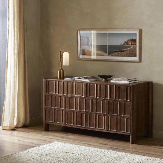 Ezri 6 Drawer Dresser by Four Hands in carved cocoa oak. Made from solid oak in a traditional style.