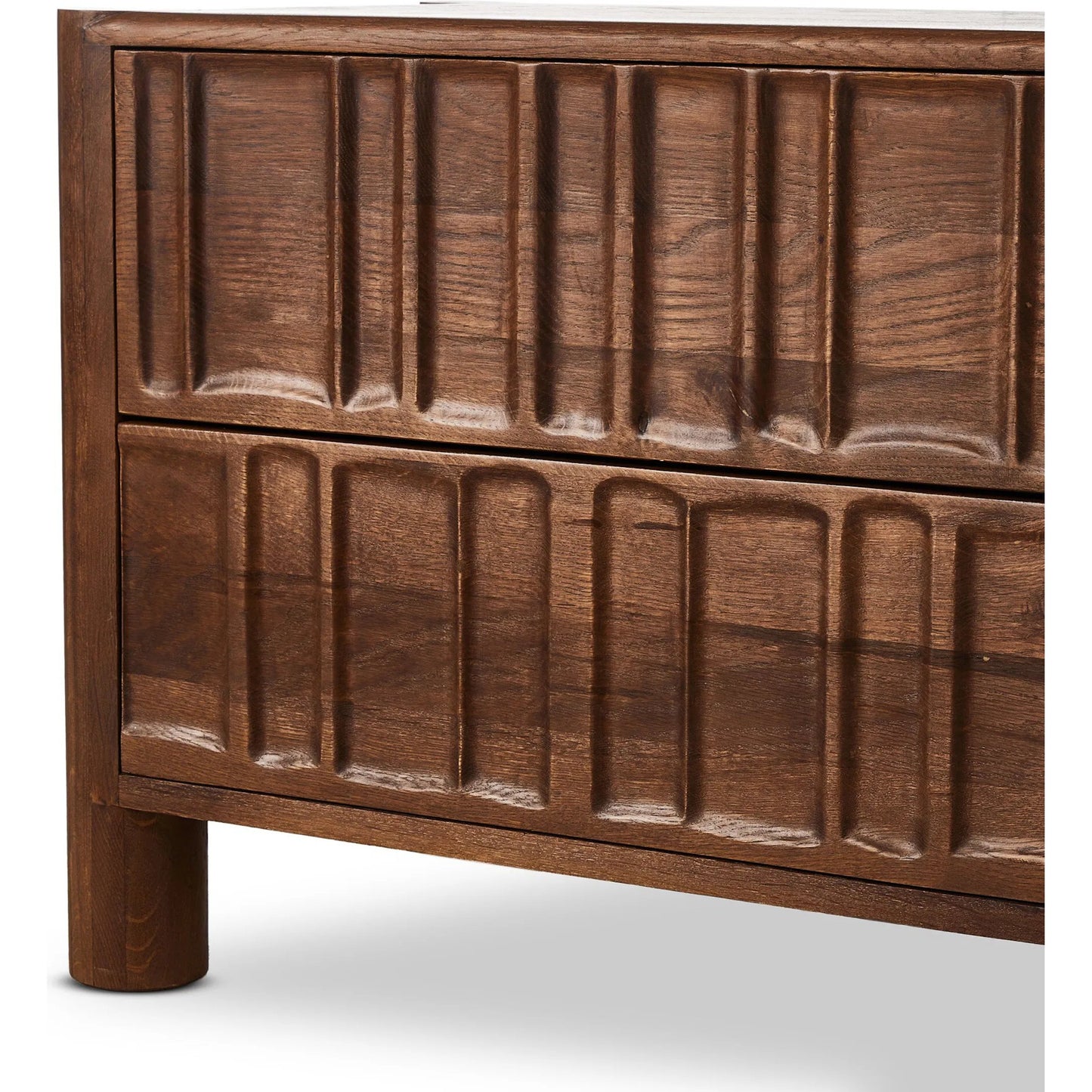 007 SI-2320055 | Closeup | Ezri Nightstand by Four Hands in cocoa oak, carved cocoa oak. Made from solid oak in a unique style.