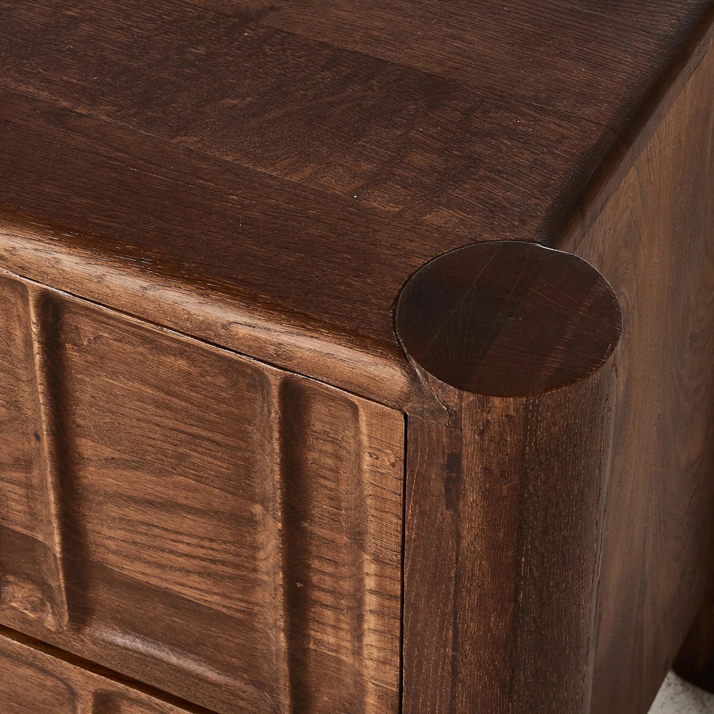 008 SI-2320055 | Closeup | Ezri Nightstand by Four Hands in cocoa oak, carved cocoa oak. Made from solid oak in a unique style.