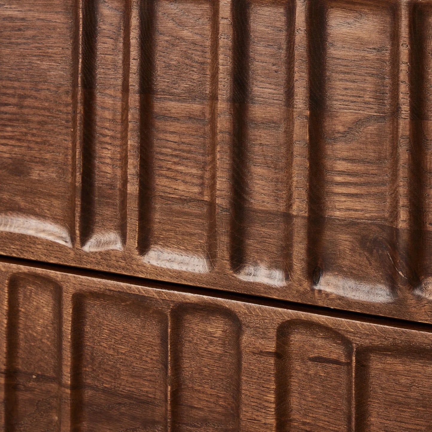 010 SI-2320055 | Closeup | Ezri Nightstand by Four Hands in cocoa oak, carved cocoa oak. Made from solid oak in a unique style.
