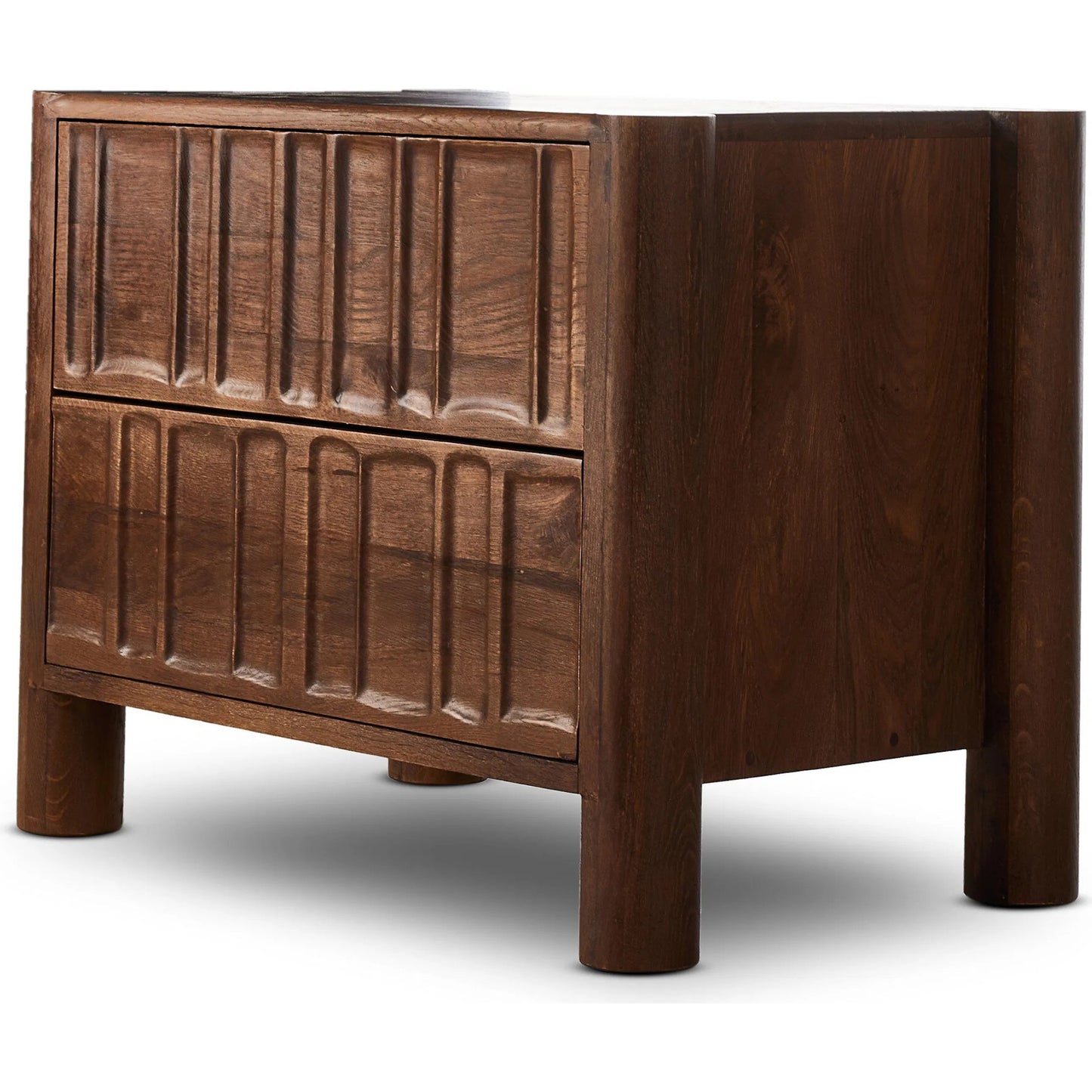 014 SI-2320055 | Closeup | Ezri Nightstand by Four Hands in cocoa oak, carved cocoa oak. Made from solid oak in a unique style.