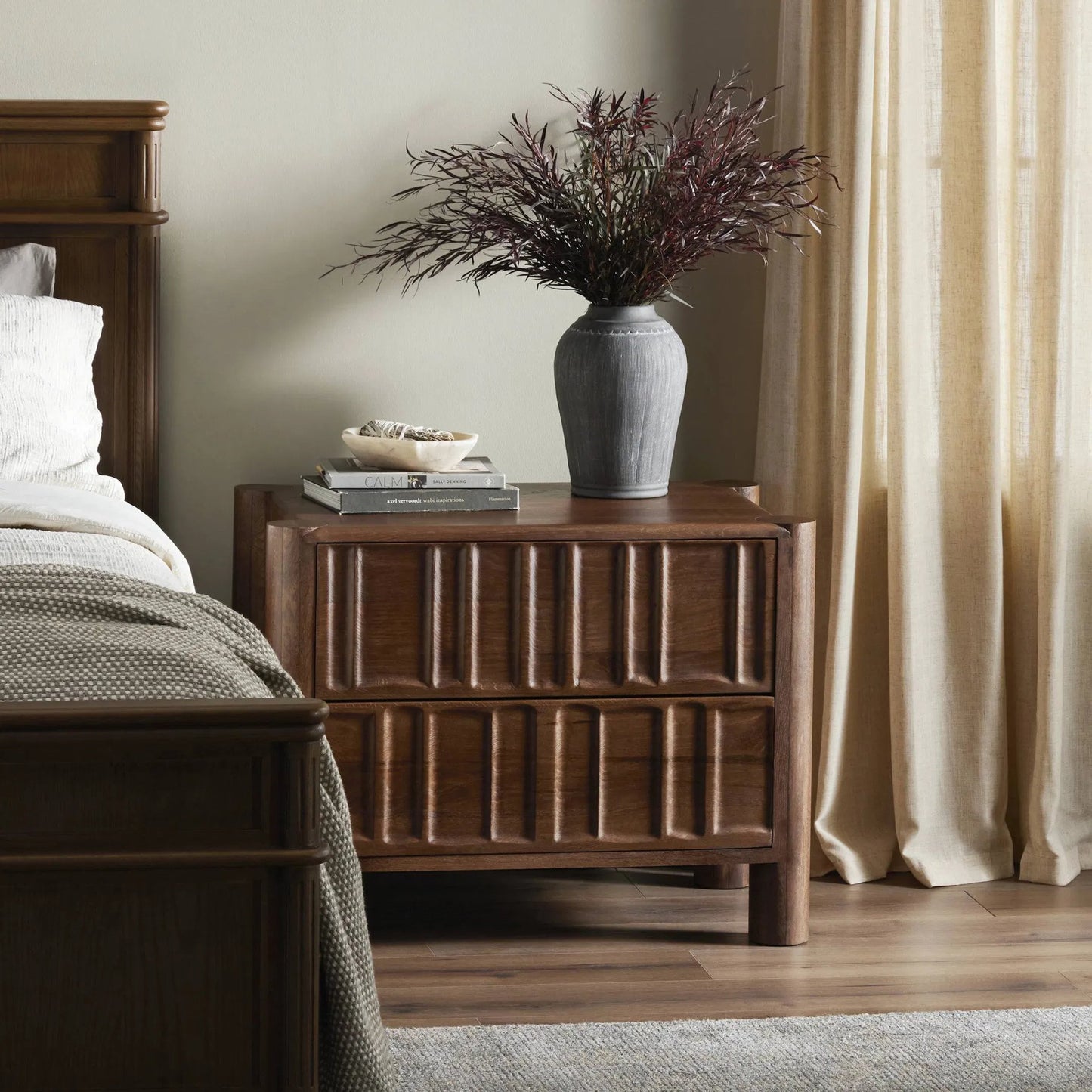 015 SI-2320055 | Lifestyle | Ezri Nightstand by Four Hands in cocoa oak, carved cocoa oak. Made from solid oak in a unique style.