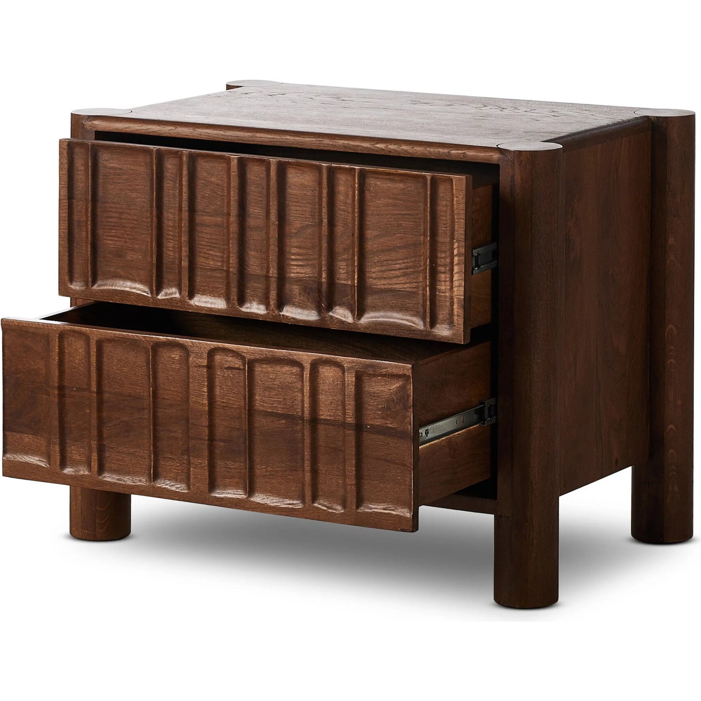 009 SI-2320055 | Closeup | Ezri Nightstand by Four Hands in cocoa oak, carved cocoa oak. Made from solid oak in a unique style.