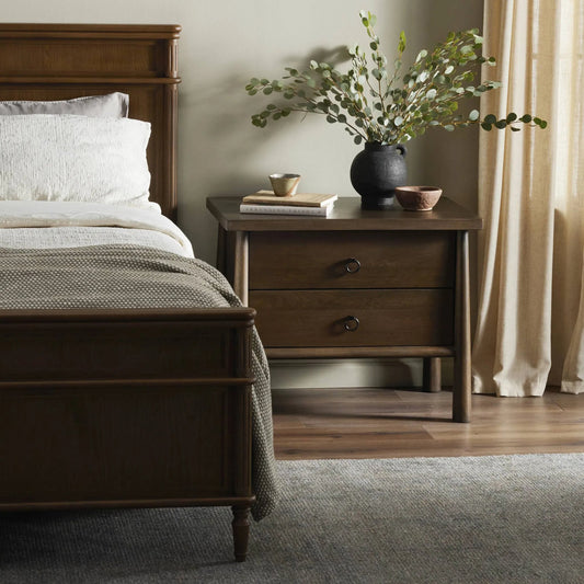Freddie Nightstand by Four Hands in brown, black iron. Made from solid mango, iron in a traditional style.