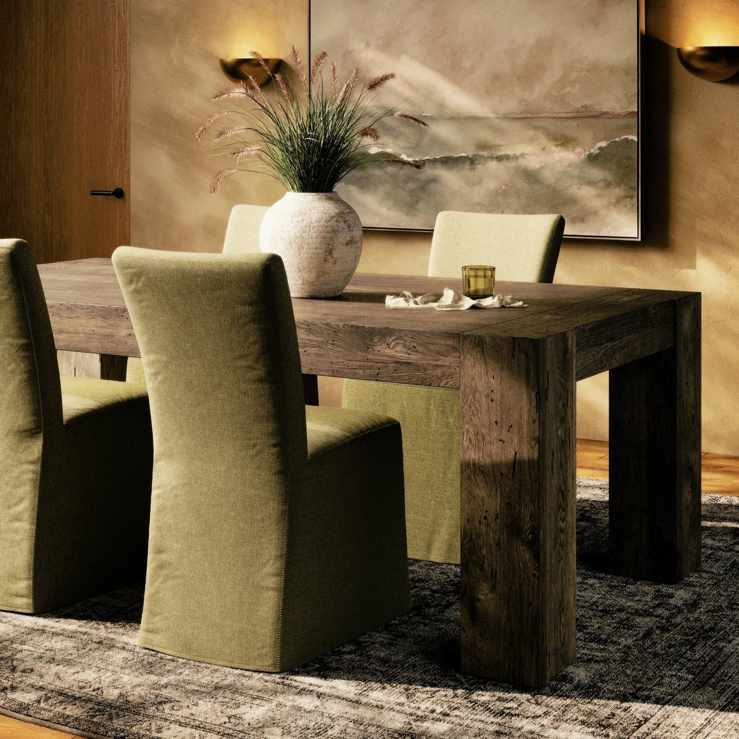 056 SI-2158009 | Lifestyle | Abaso Dining Table by Four Hands in smoked oak veneer. Made from unique in a modern style.