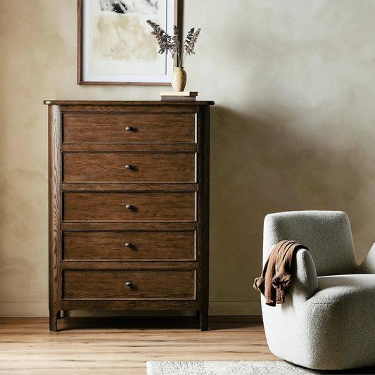 Russ Tall Dresser by Four Hands in aged oak veneer. Made from oak veneer, solid oak in a modern style.