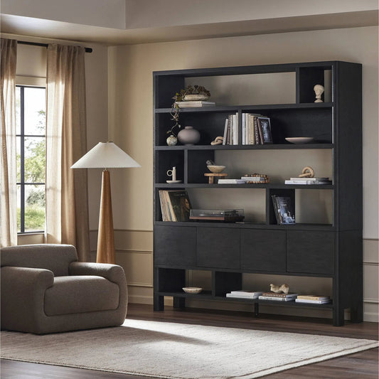 Noeline Wide Bookcase by Four Hands in smoked black oak, smoked black oak veneer. Made from solid oak, engineered hardwood, thick oak veneer in a modern style.