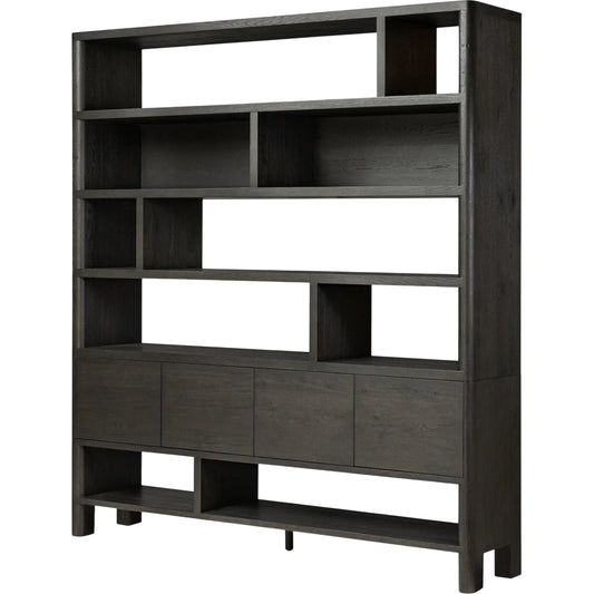 019 SI-2257120 | Primary Silo | Noeline Wide Bookcase by Four Hands in smoked black oak, smoked black oak veneer. Made from solid oak, engineered hardwood, thick oak veneer in a modern style.