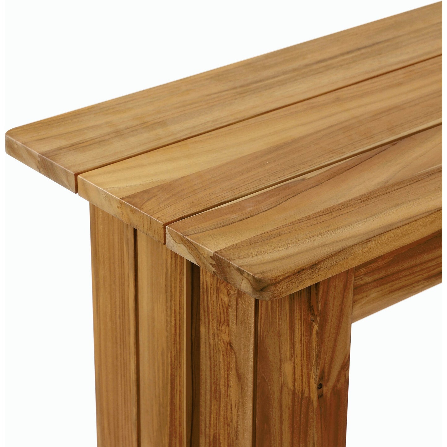 008 SI-2158108 | Closeup | Chapman Outdoor Console Table by Four Hands in natural teak. Made from solid fsc®-certified teak in a modern style.