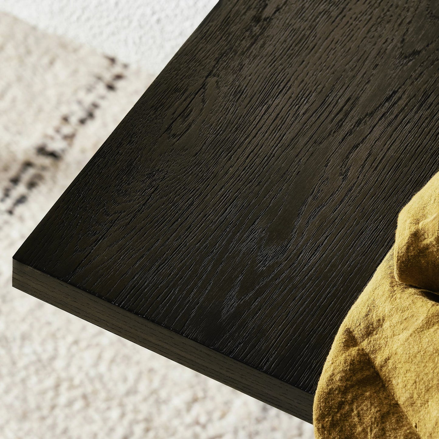 011 SI-2158206 | Closeup | Huxley Dining Table 84" by Four Hands in smoked black veneer. Made from thick oak veneer, solid oak in a modern style.