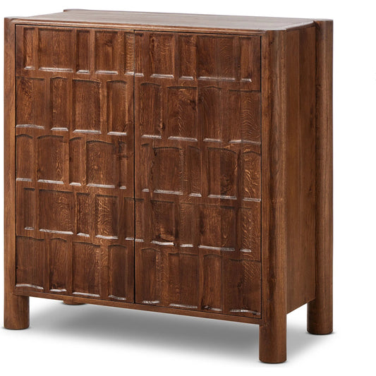 Ezri Bar Cabinet by Four Hands in cocoa oak. Made from solid oak, solid mango in a traditional style.