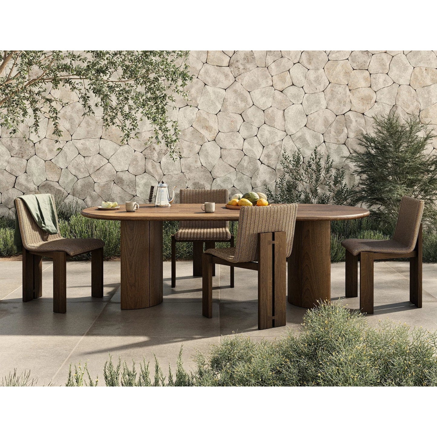 014 SI-2257133 | Lifestyle | Paden Outdoor Dining Table by Four Hands in stained toasted brown-fsc. Made from solid fsc®-certified teak in a unique style.