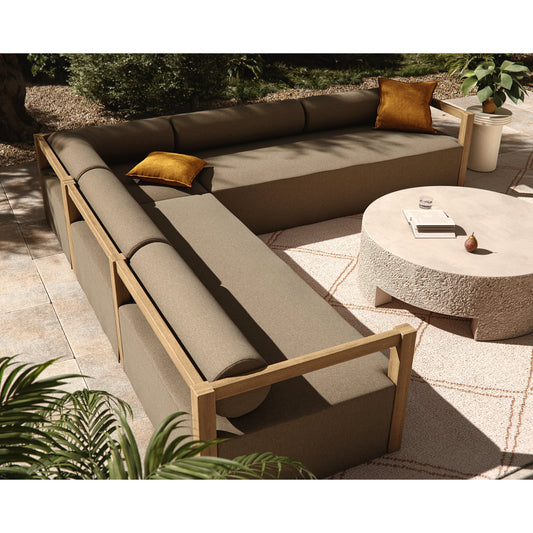 Laskin Outdoor 3-Piece Sectional by Four Hands in alessi fawn and washed brown. Made from 100% polypropylene, solid fsc®-certified teak, 91% polyurethane foam pad, 9% polyester fiber batting in a modern style.
