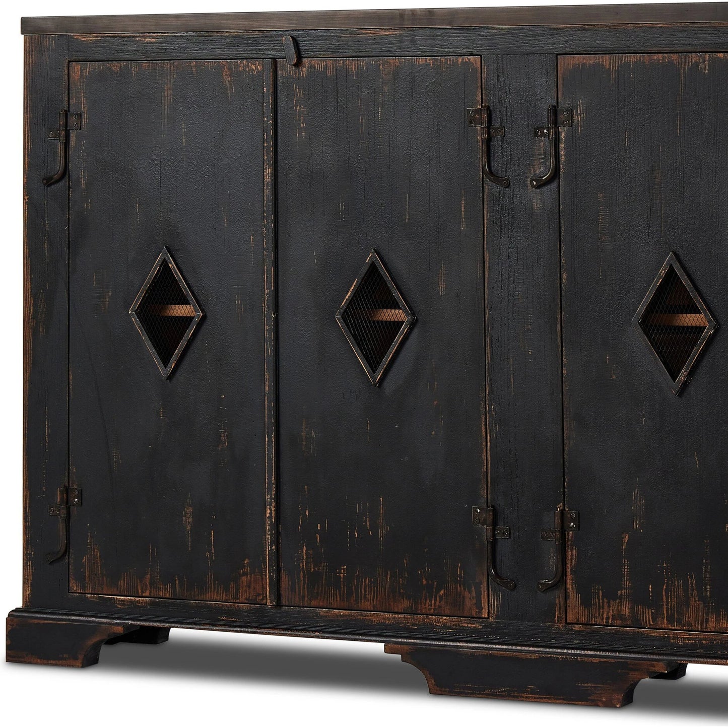 006 SI-2137641 | Closeup | The Humptulips River Moonshine Cabinet by Four Hands in distressed burnt black. Made from pine veneer, solid pine in a modern style.
