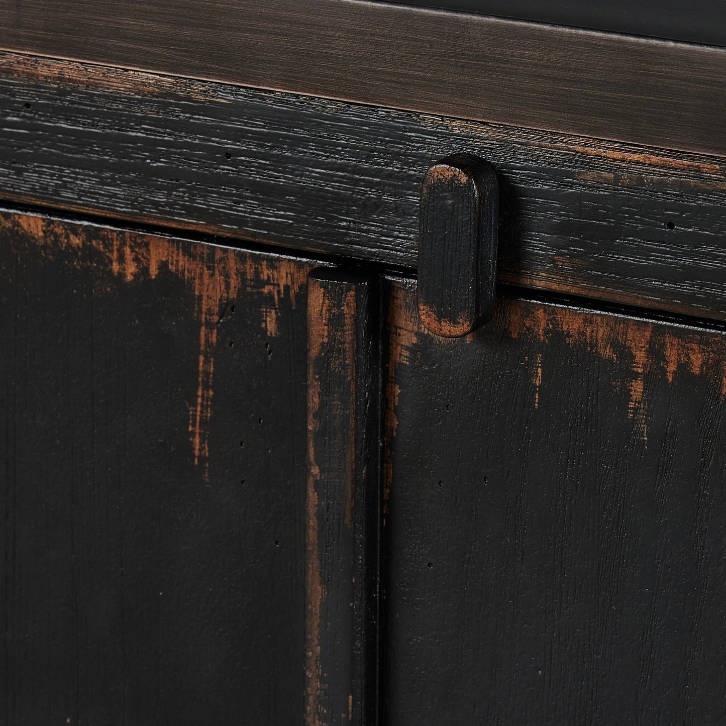 011 SI-2137641 | Closeup | The Humptulips River Moonshine Cabinet by Four Hands in distressed burnt black. Made from pine veneer, solid pine in a modern style.