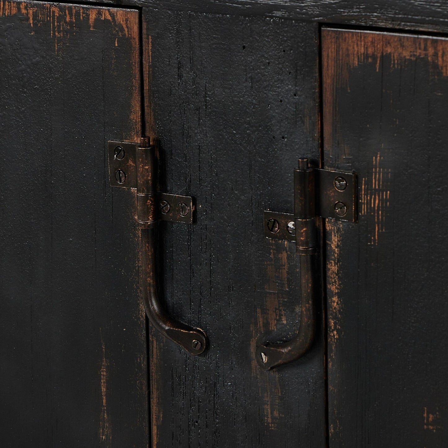 012 SI-2137641 | Closeup | The Humptulips River Moonshine Cabinet by Four Hands in distressed burnt black. Made from pine veneer, solid pine in a modern style.