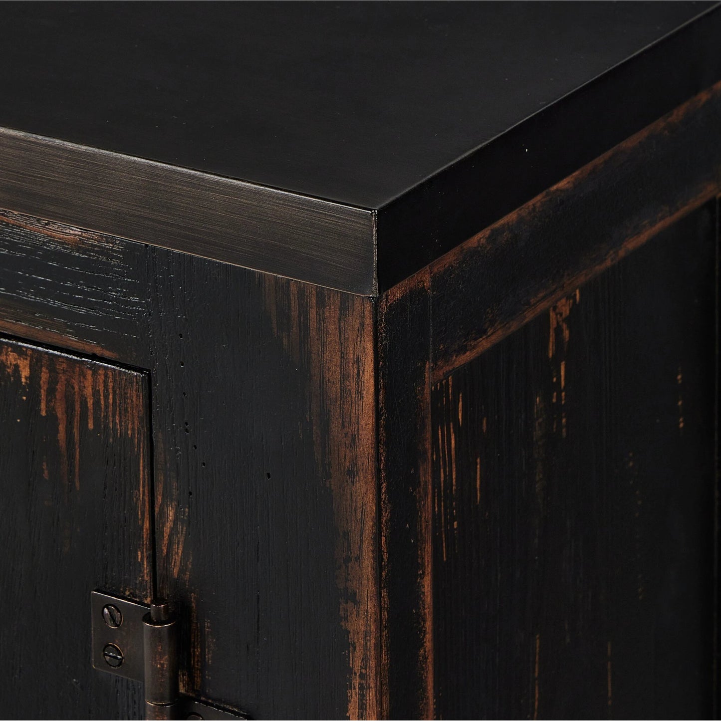013 SI-2137641 | Closeup | The Humptulips River Moonshine Cabinet by Four Hands in distressed burnt black. Made from pine veneer, solid pine in a modern style.