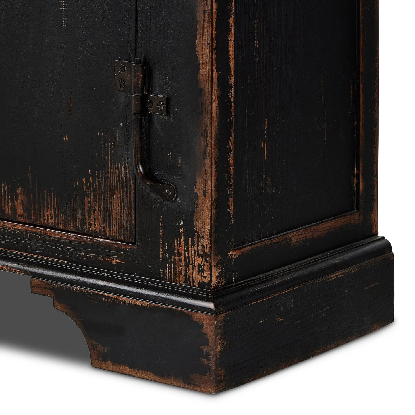 014 SI-2137641 | Closeup | The Humptulips River Moonshine Cabinet by Four Hands in distressed burnt black. Made from pine veneer, solid pine in a modern style.