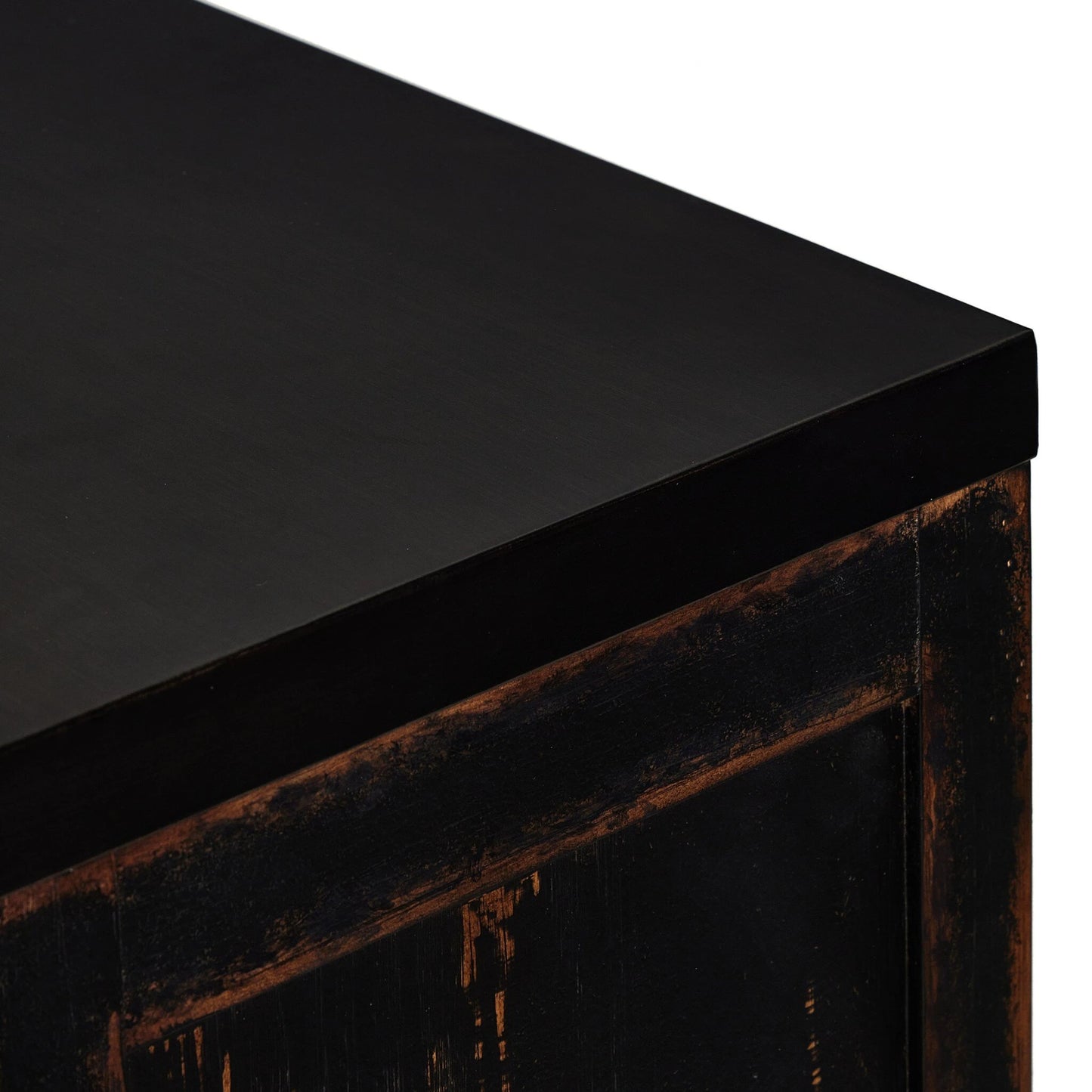 015 SI-2137641 | Closeup | The Humptulips River Moonshine Cabinet by Four Hands in distressed burnt black. Made from pine veneer, solid pine in a modern style.