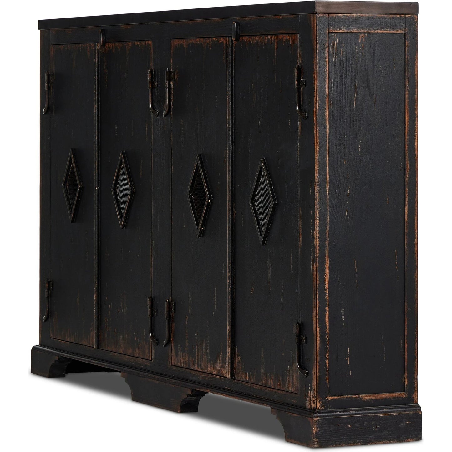 016 SI-2137641 | Closeup | The Humptulips River Moonshine Cabinet by Four Hands in distressed burnt black. Made from pine veneer, solid pine in a modern style.