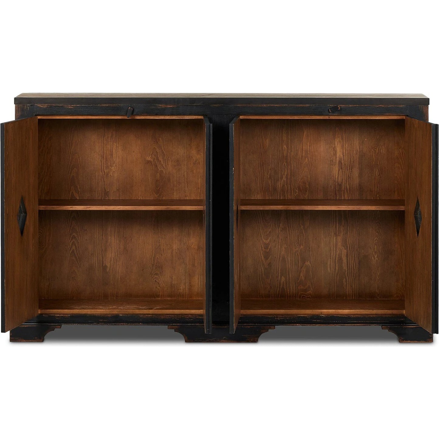 007 SI-2137641 | Closeup | The Humptulips River Moonshine Cabinet by Four Hands in distressed burnt black. Made from pine veneer, solid pine in a modern style.