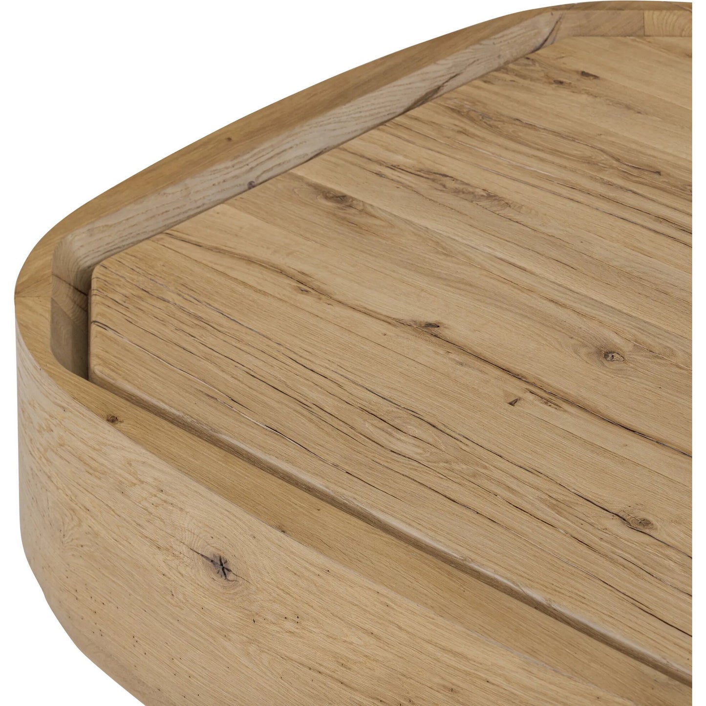 005 SI-2320147 | Closeup | Leandro Coffee Table by Four Hands in natural reclaimed french oak, natural french oak solid. Made from solid reclaimed oak, solid oak in a unique style.