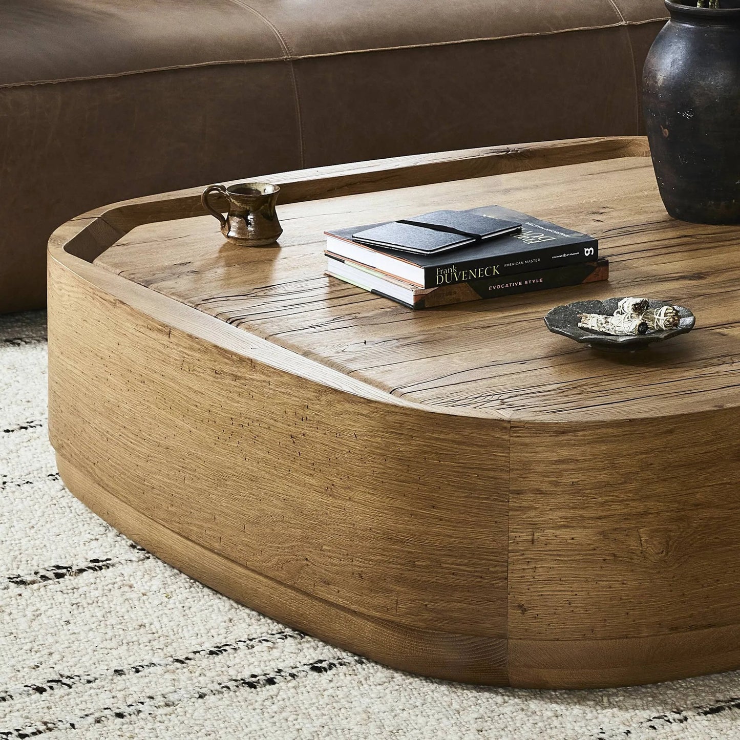 010 SI-2320147 | Closeup | Leandro Coffee Table by Four Hands in natural reclaimed french oak, natural french oak solid. Made from solid reclaimed oak, solid oak in a unique style.