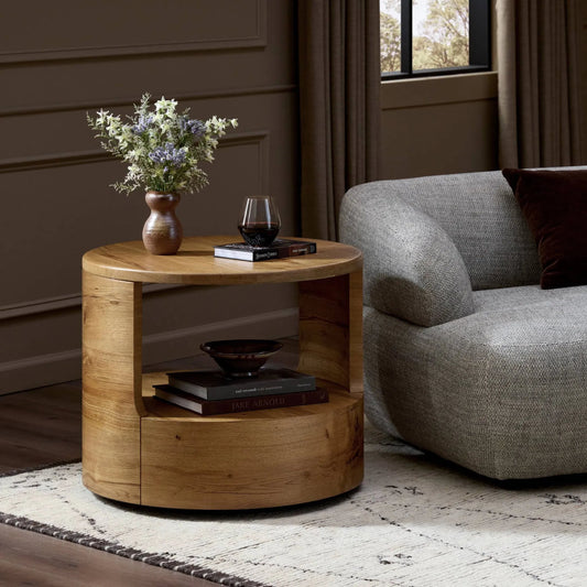 Matheus End Table by Four Hands in natural reclaimed french oak. Made from solid reclaimed oak in a modern style.