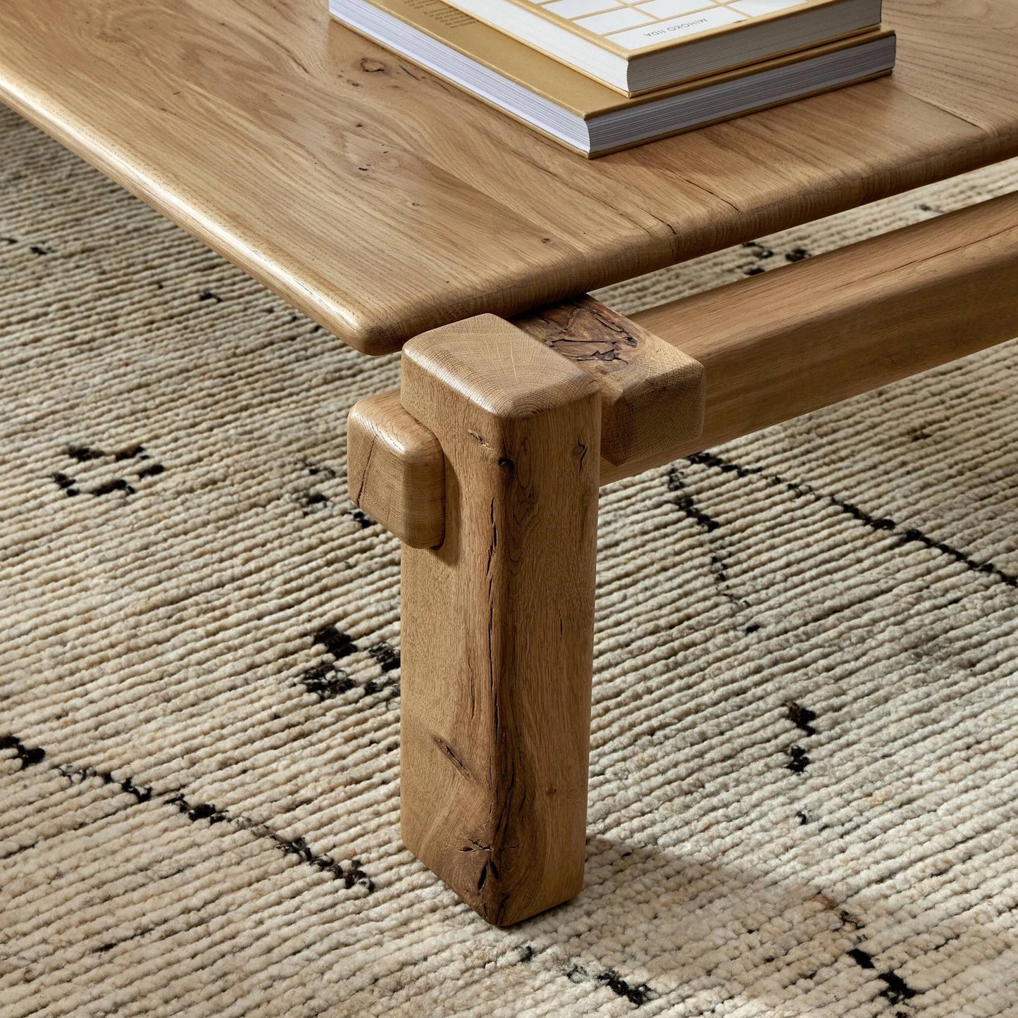 010 SI-2137485 | Closeup | Marcia Large Coffee Table by Four Hands in natural reclaimed french oak. Made from solid reclaimed oak in a modern style.