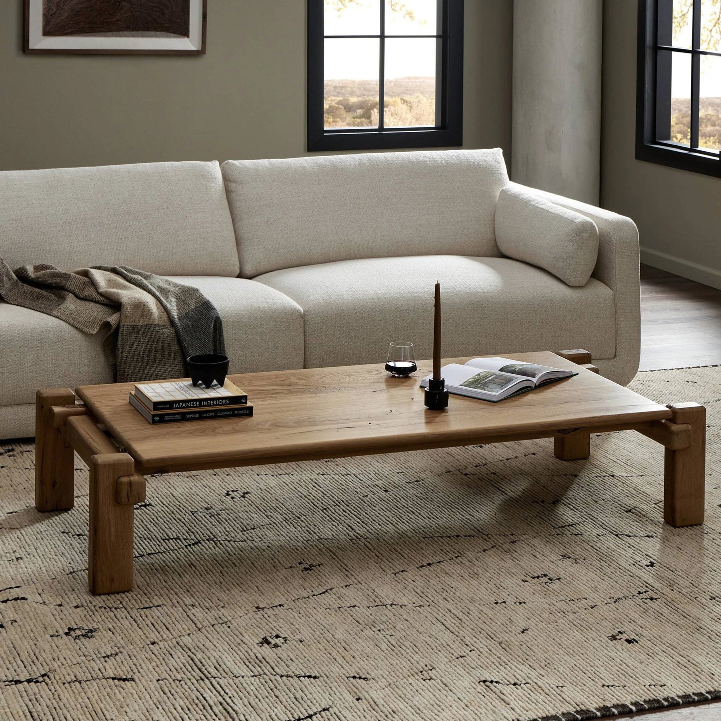 011 SI-2137485 | Lifestyle | Marcia Large Coffee Table by Four Hands in natural reclaimed french oak. Made from solid reclaimed oak in a modern style.