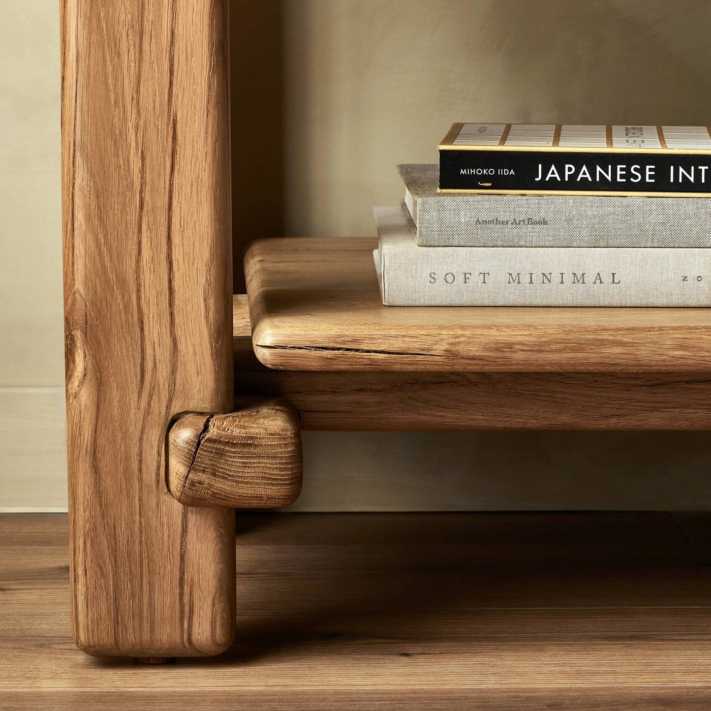 011 SI-2137486 | Closeup | Marcia Low Console Table by Four Hands in natural reclaimed french oak. Made from solid reclaimed oak in a modern style.