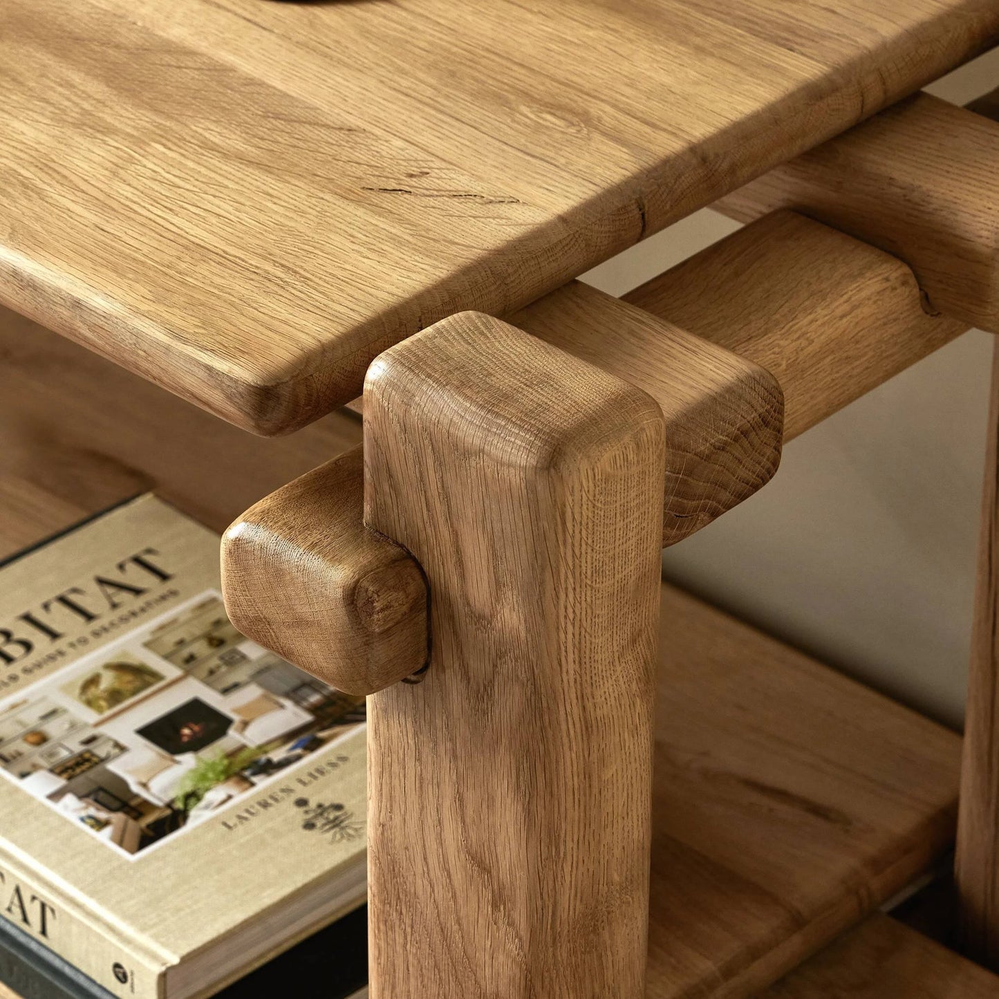 009 SI-2137486 | Closeup | Marcia Low Console Table by Four Hands in natural reclaimed french oak. Made from solid reclaimed oak in a modern style.