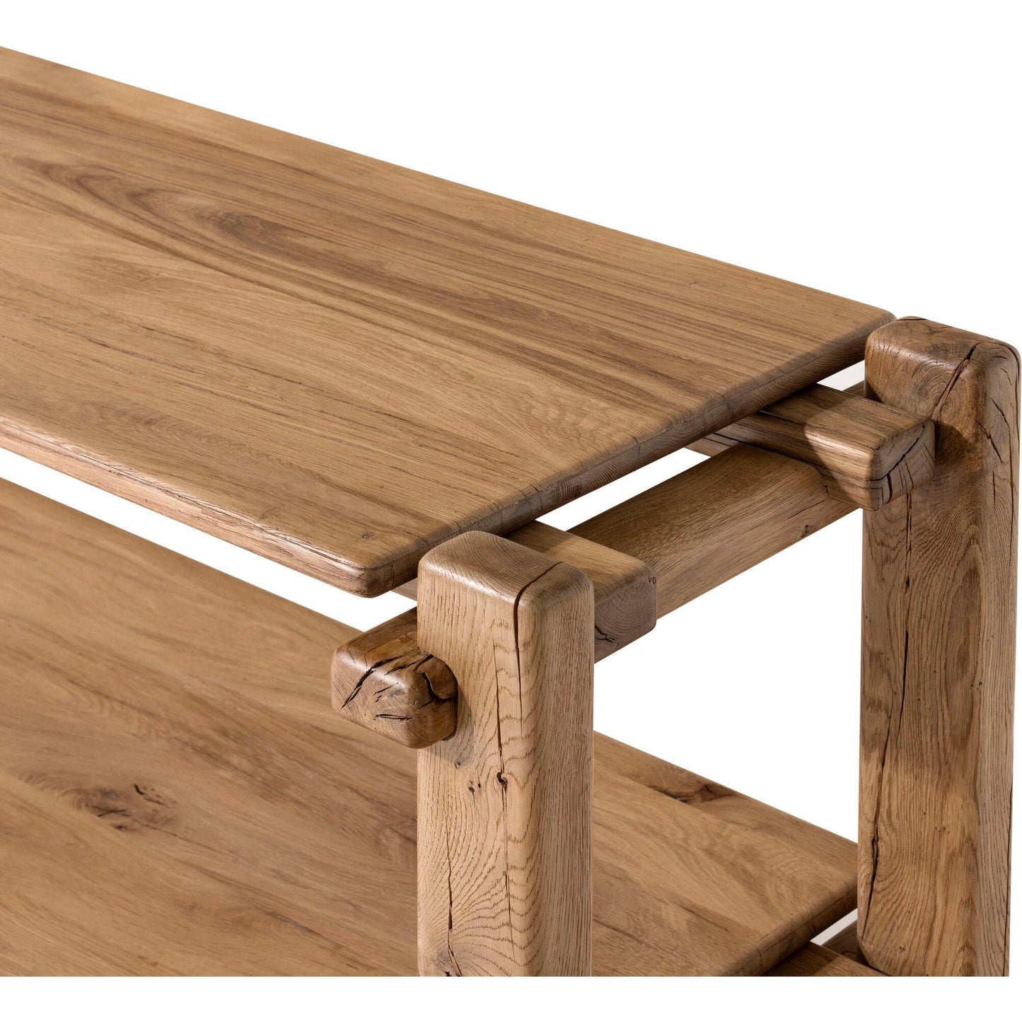 005 SI-2137482 | Closeup | Marcia Console Table by Four Hands in natural reclaimed french oak. Made from solid reclaimed oak in a modern style.