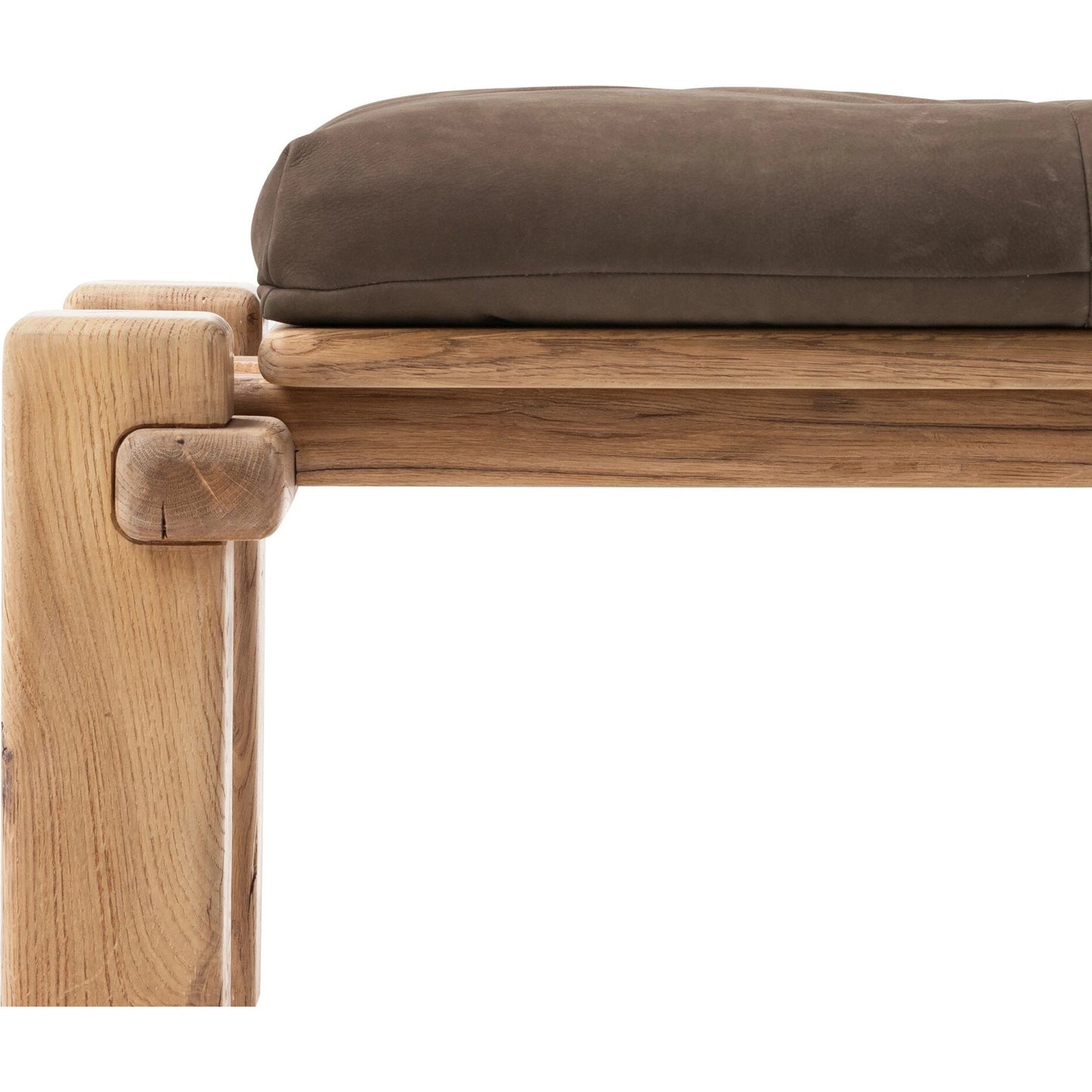 004 SI-2137481 | Closeup | Marcia Accent Bench by Four Hands in nubuck cigar and natural reclaimed french oak. Made from top grain leather, solid reclaimed oak, 95% polyurethane foam, 5% fiber in a modern style.