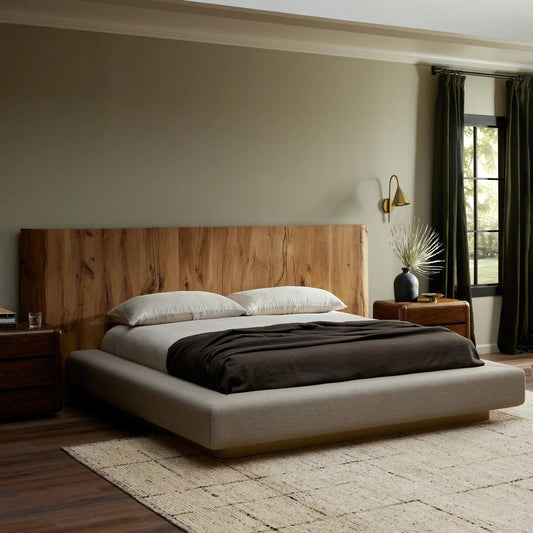 Lara Bed by Four Hands in imani pebble, natural reclaimed french oak, natural french oak veneer. Made from 89% polyester, 11% flax/linen, solid reclaimed oak, oak veneer in a transitional style.
