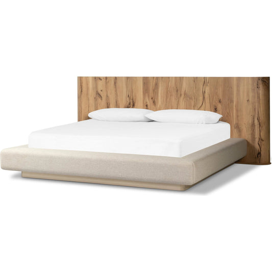 Lara Bed by Four Hands in imani pebble, natural reclaimed french oak, natural french oak veneer. Made from 89% polyester, 11% flax/linen, solid reclaimed oak, oak veneer in a transitional style.
