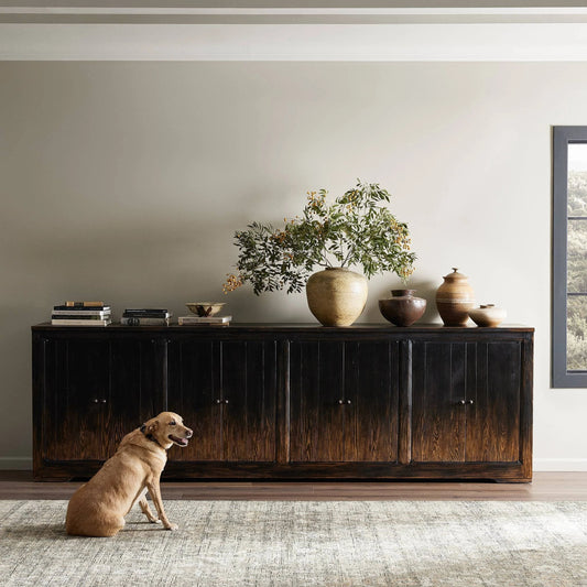 It Takes an Hour Sideboard by Four Hands in distressed black. Made from solid pine, pine veneer, zinc alloy in a modern style.