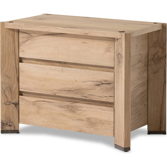 Cassio Nightstand by Four Hands in natural reclaimed french oak. Made from solid reclaimed oak, brass in a modern style.