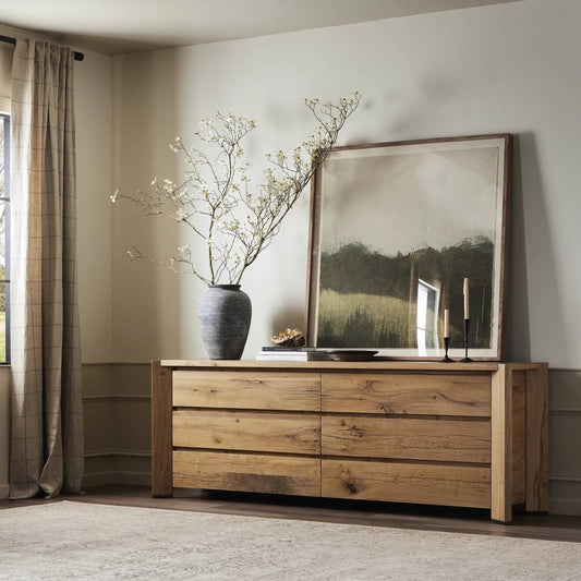 Cassio Dresser by Four Hands in natural reclaimed french oak. Made from solid reclaimed oak, brass in a modern style.