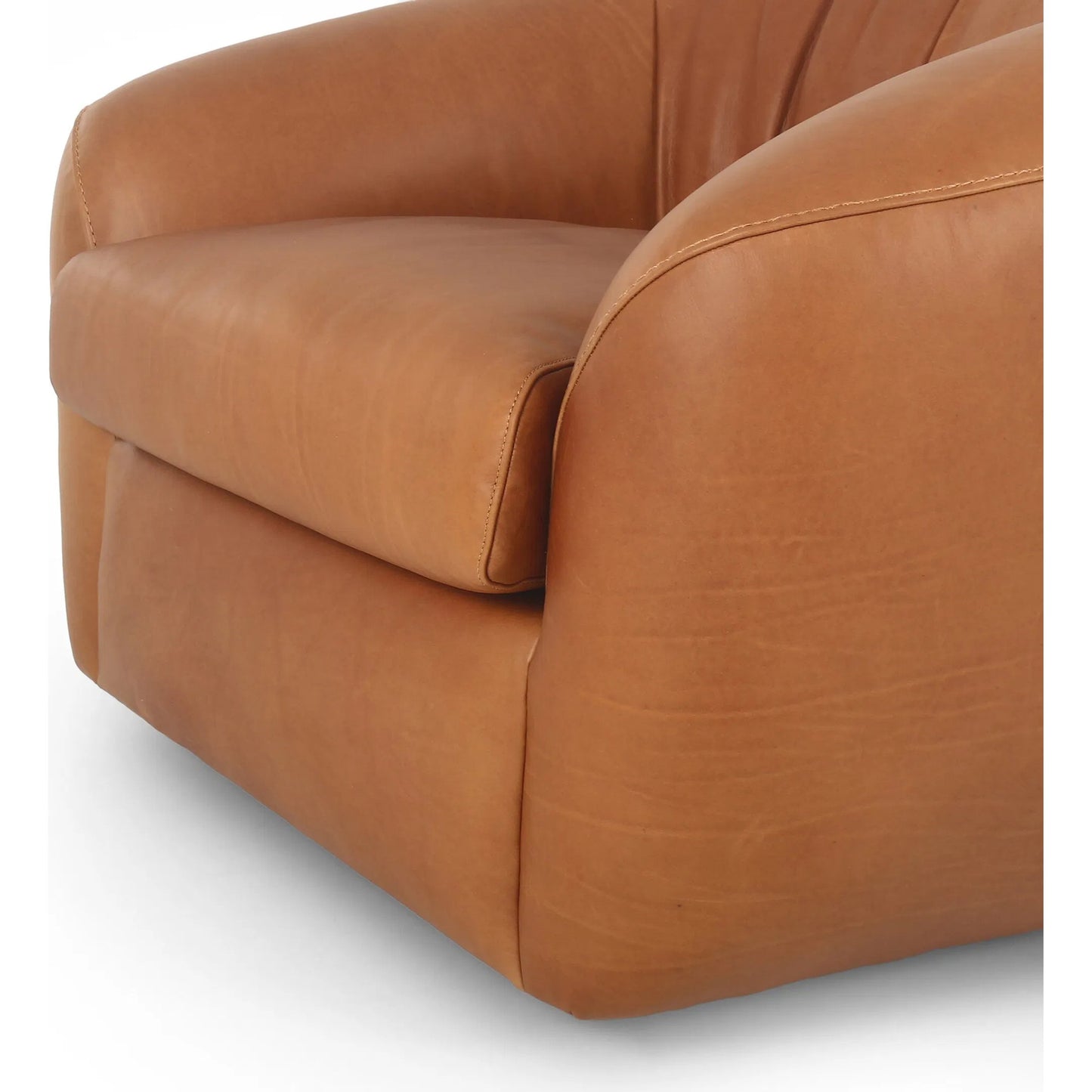 005 SI-2449410 | Closeup | Saldana Swivel Chair by Four Hands in lorento cognac. Made from top grain leather in a unique style.