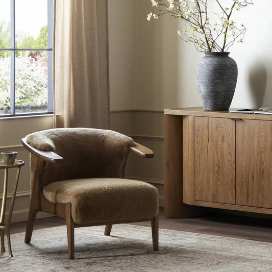 Fabian Chair by Four Hands in desert shearling, amber ash. Made from 100% sheared sheepskin, solid ash in a unique style.
