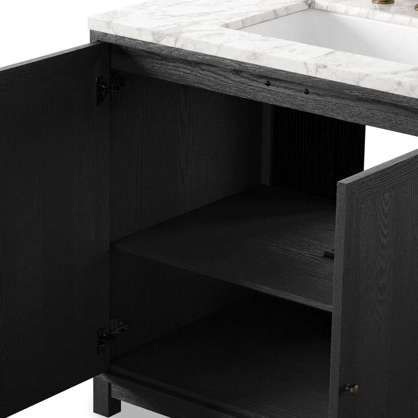 006 SI-2377102 | Closeup | Millie Single Vanity by Four Hands in satin drifted black veneer, carrara marble. Made from oak veneer, solid marble in a unique style.