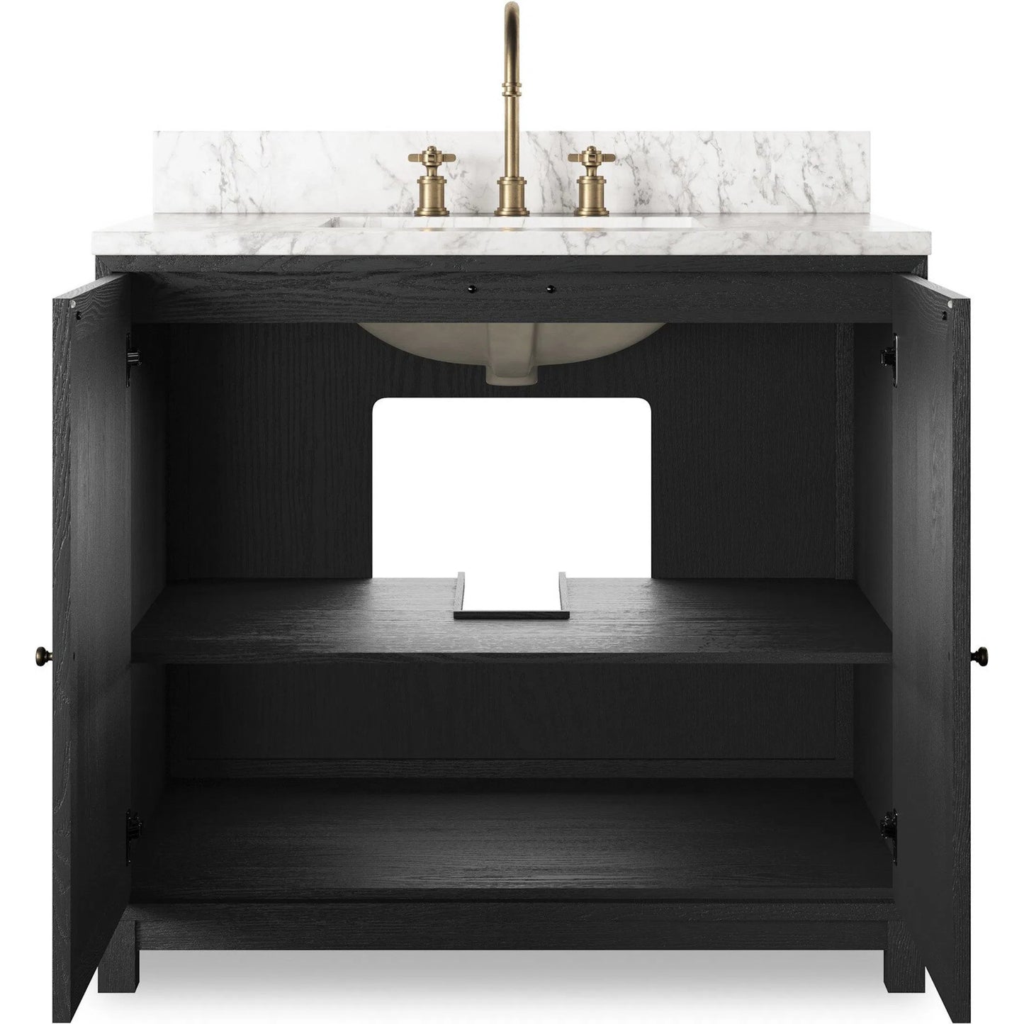 010 SI-2377102 | Closeup | Millie Single Vanity by Four Hands in satin drifted black veneer, carrara marble. Made from oak veneer, solid marble in a unique style.